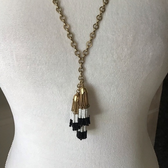 J.Crew Tassel Necklace Gold Tone Chain Black White Seed Bead Fringe Boho Chic - Picture 3 of 14